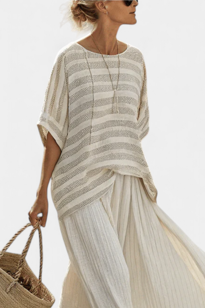 Graziella — Top s pruhy z přírodního bambusu a splývavými lněnými kalhotami