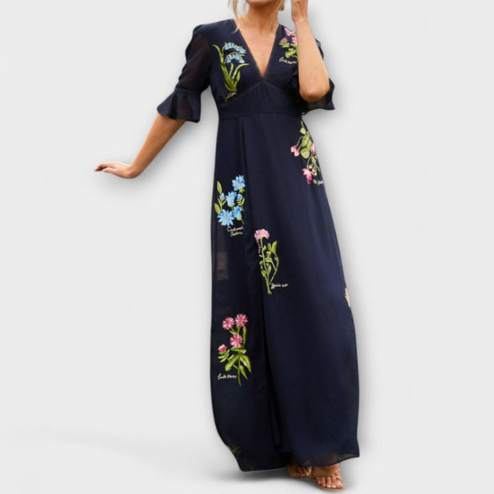 Beatrice - Elegantní modro-námořnické šaty s květinovou výšivkou